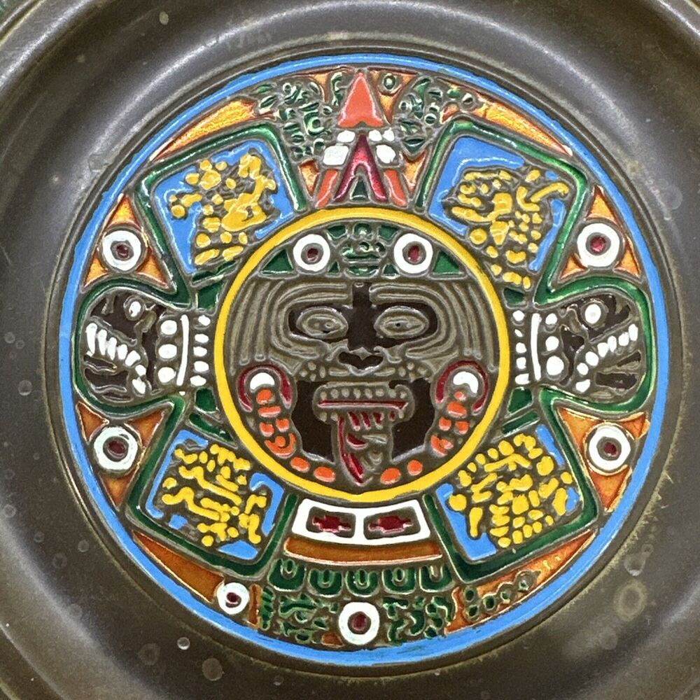 Vintage Mexican Enamel on Copper Aztec Sun Stone Calendar Decorative Plate - Picture 5 of 6
